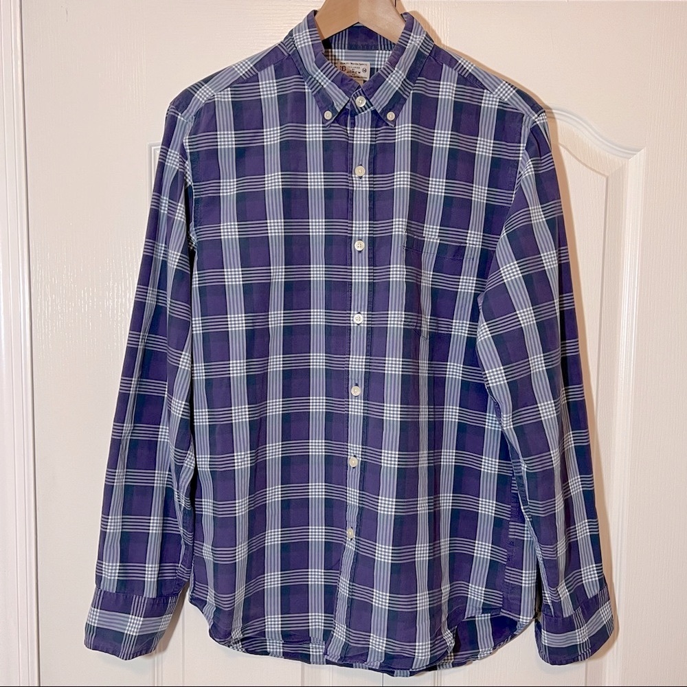 JCrew Blue and Purple Plaid Long Sleeve Button Up Shirt, Size Medium